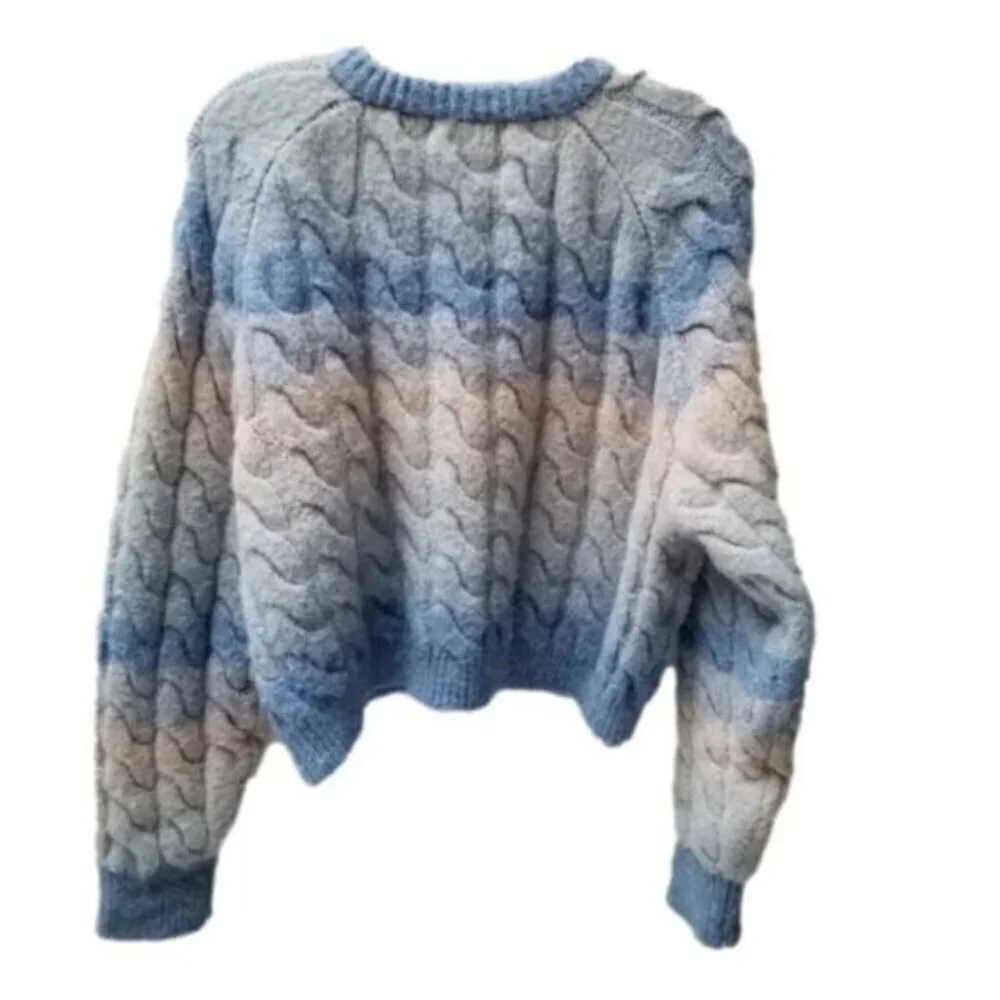 Zara Blue Pink Wool Blend Cable-Knit Button Up Sweater Cardigan L - Picture 6 of 14